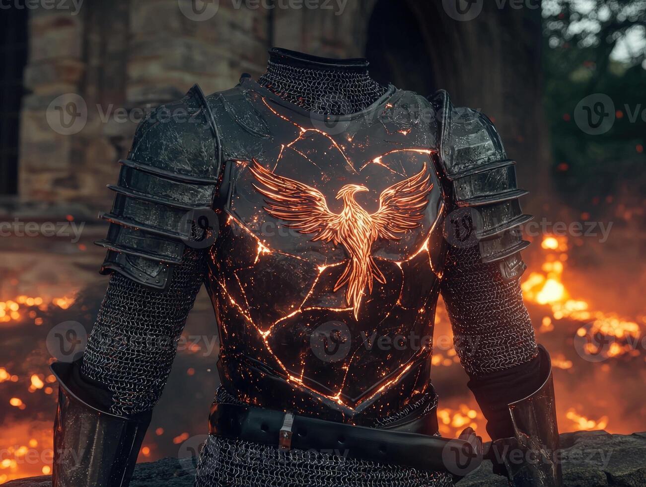 Fiery phoenix knight armor with glowing cracks photo