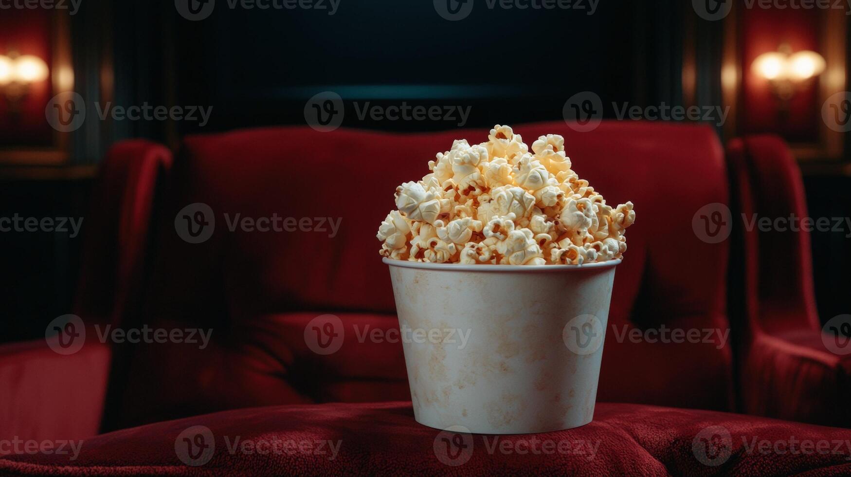 Buttery popcorn bucket on plush red theater seat photo