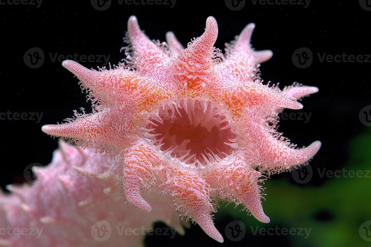 Astonishing pink sea cucumber with visible tentacles and mouth photo