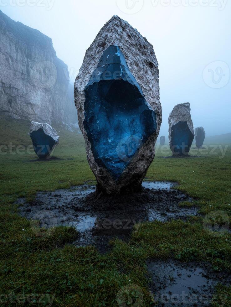 Mystical crystal monoliths stand in a foggy, green landscape photo