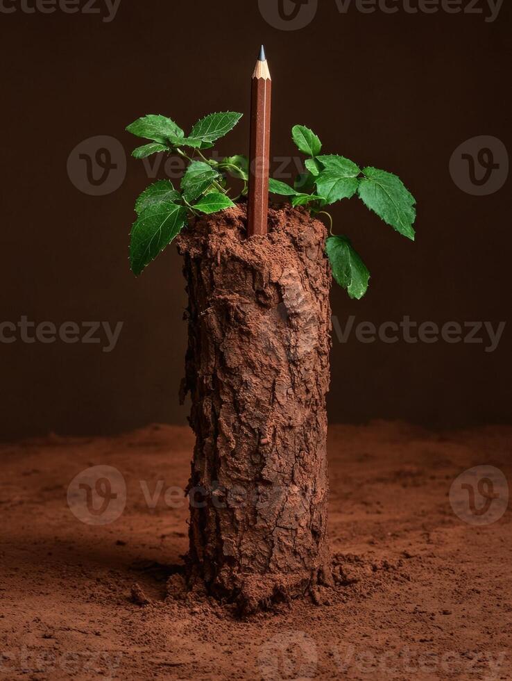 Pencil sprouting leaves from a textured, earthy surface photo