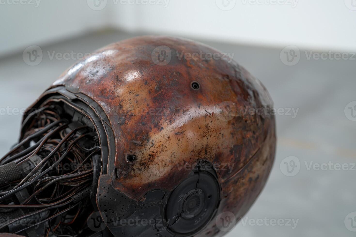 Rusty robot head with exposed wires in studio setting photo