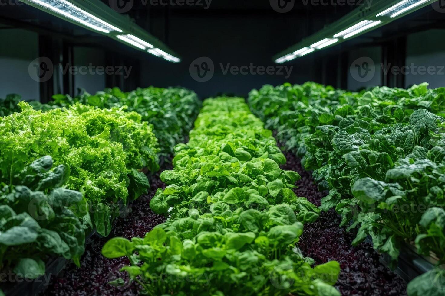 Lush rows of hydroponically grown leafy green vegetables photo
