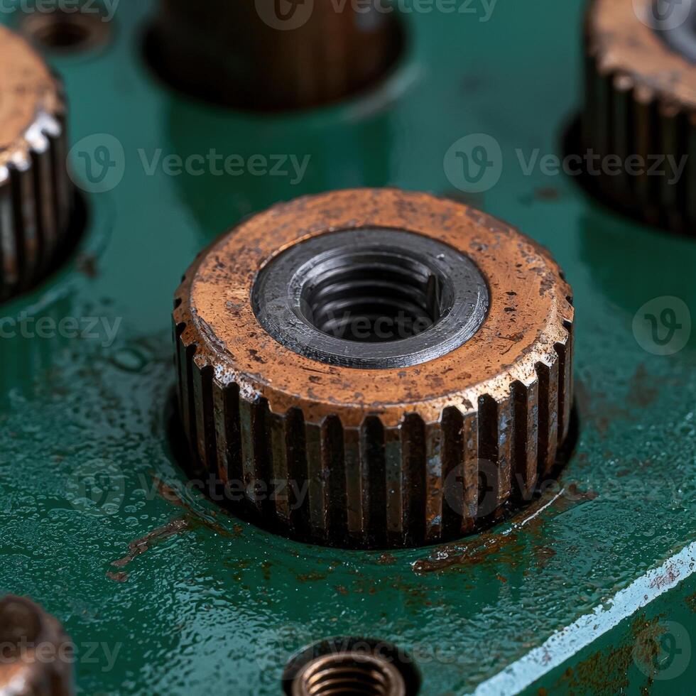 Close up of a weathered cogwheel on green surface photo