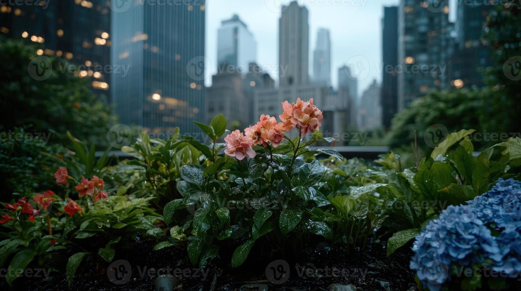 Urban garden flowers bloom against a city skyline backdrop photo