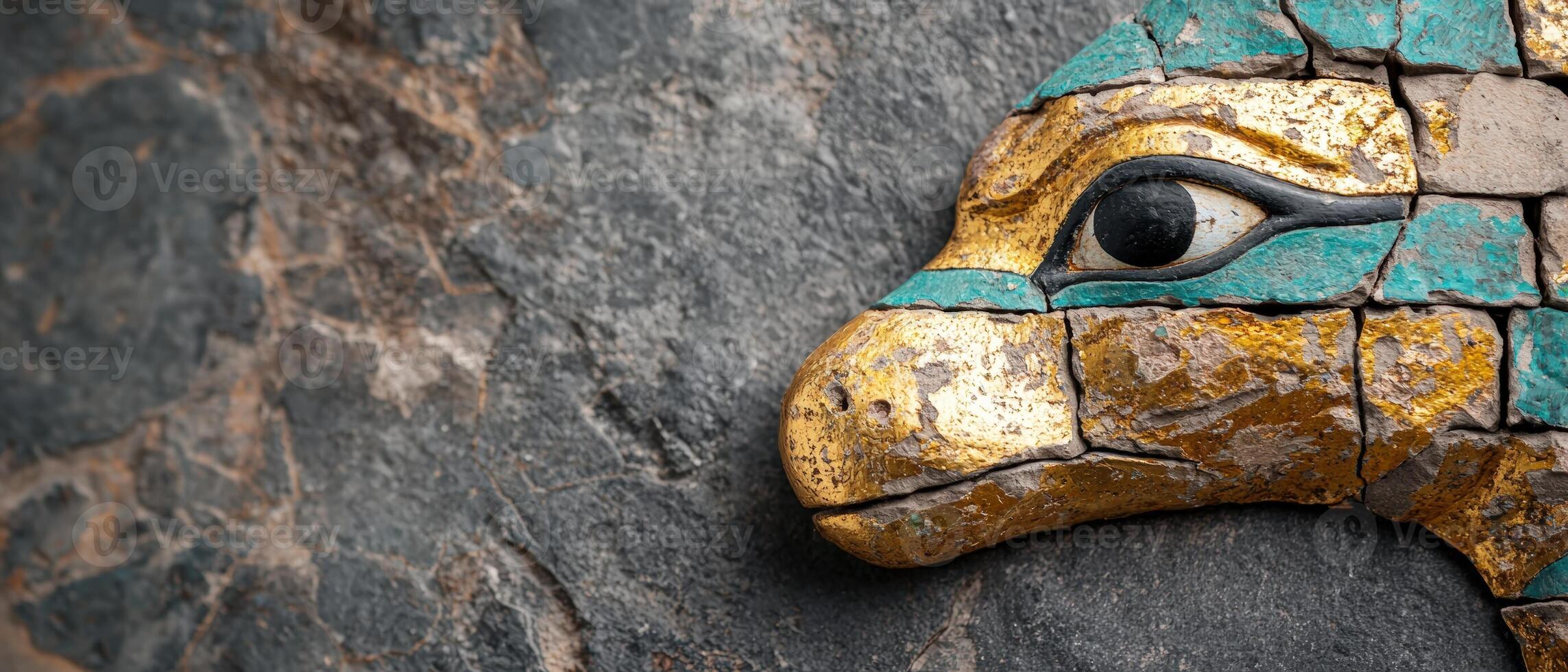 Ancient Egyptian stone carving of a golden falcon head photo