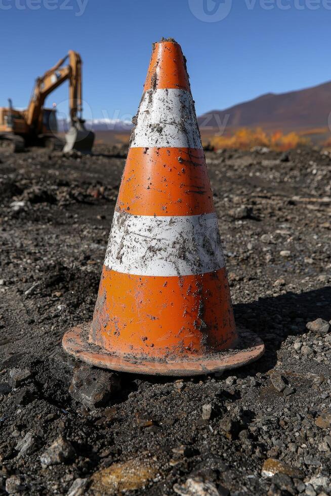Gritty construction cone stands on a construction site photo