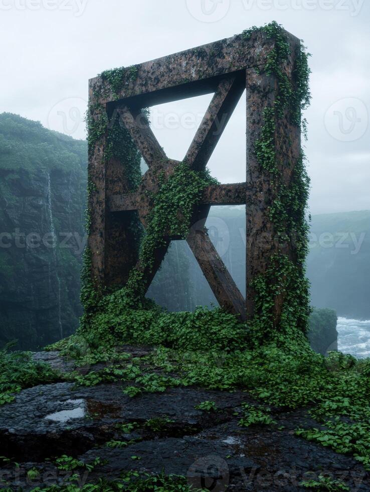 Overgrown rusted metal structure in a misty, lush landscape photo