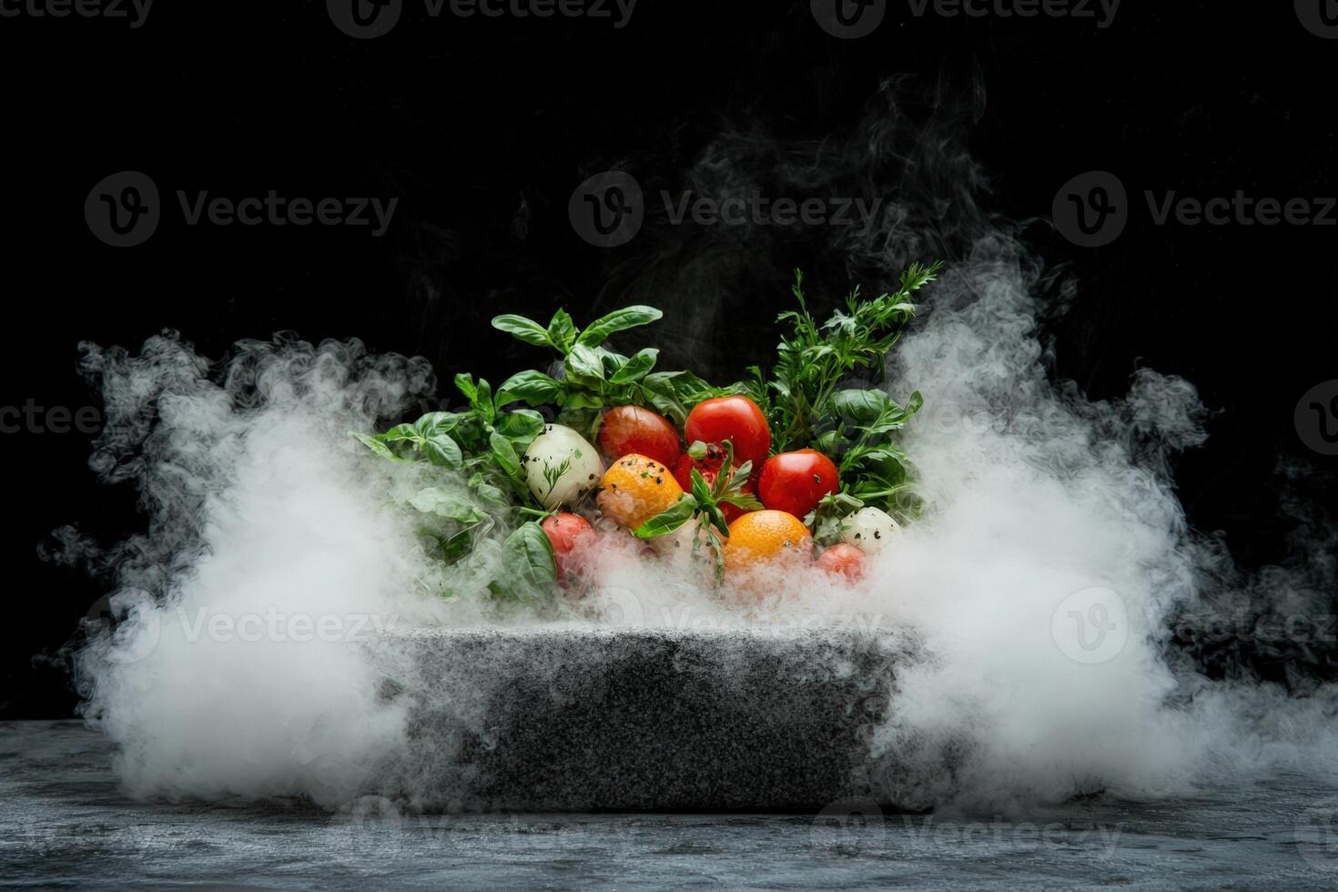 Fresh produce assortment with dry ice smoke effect photo