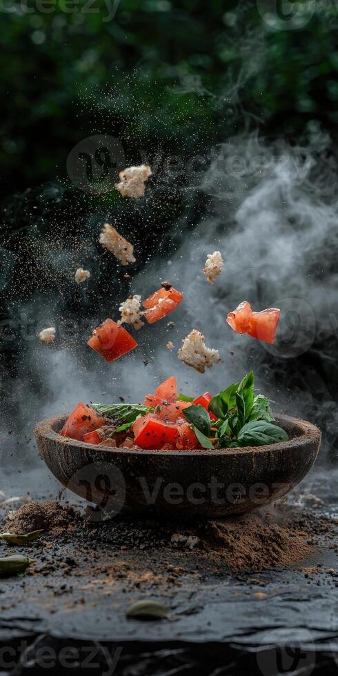 Rustic tomato salad with basil and bread in motion photo