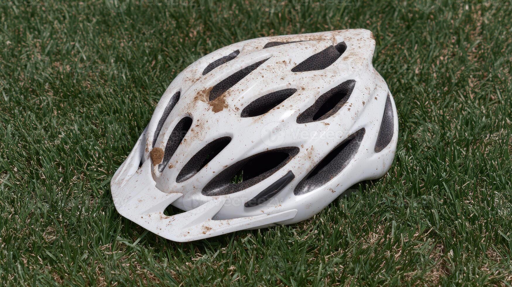 Muddy white bicycle helmet on green grass after accident photo