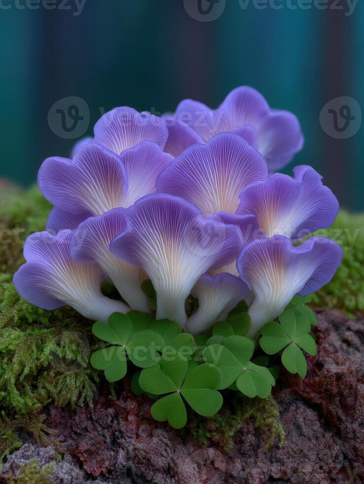 Luminescent purple oyster mushrooms and shamrocks on mossy bark photo