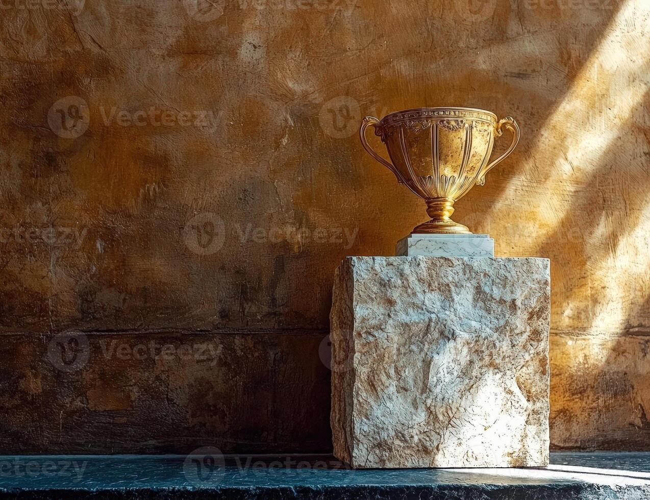 Golden trophy on a stone pedestal against textured wall photo