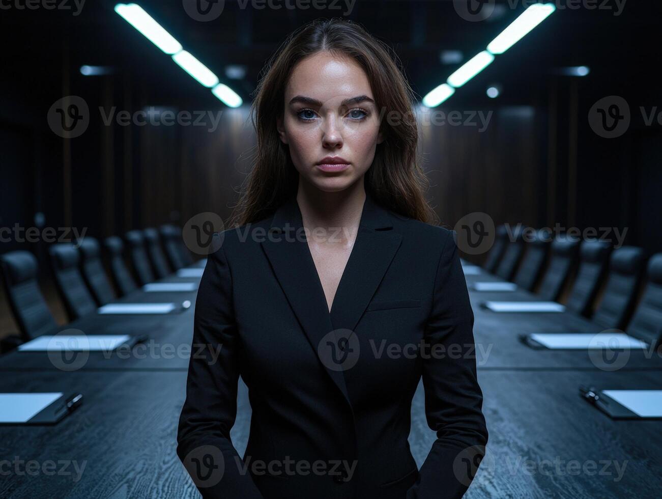 Confident businesswoman in a dark, modern conference room photo