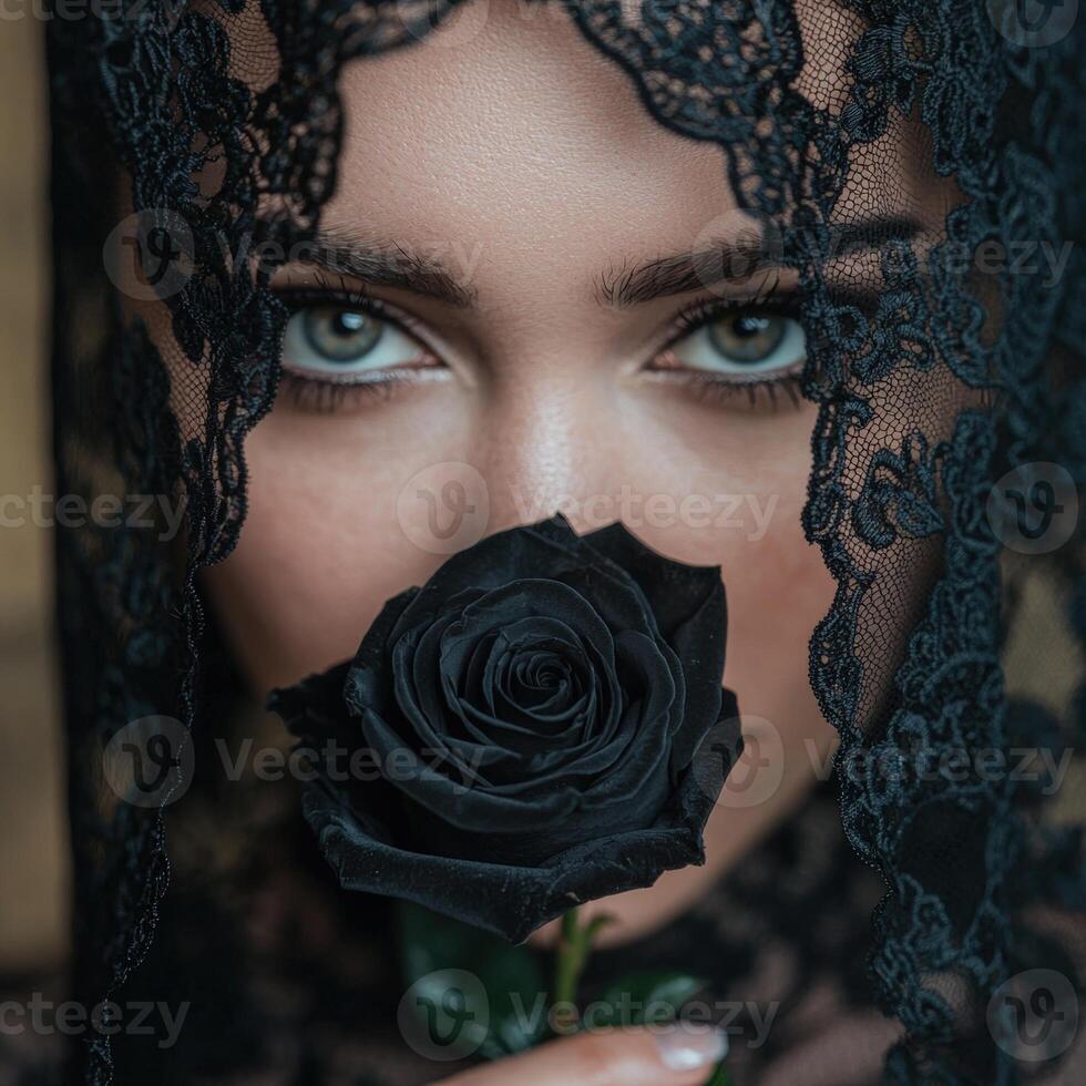 Mysterious woman with black rose and lace veil photo