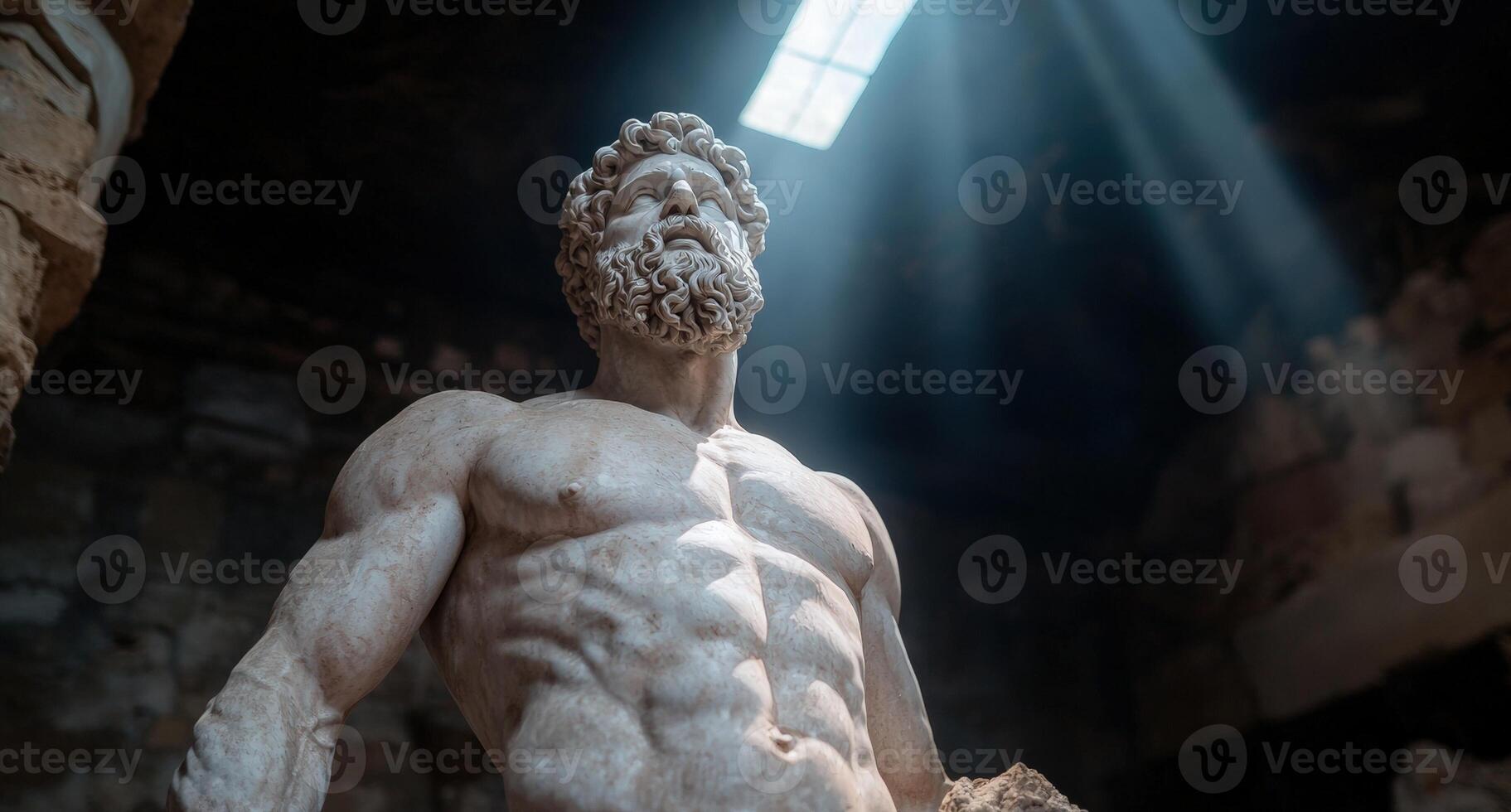 Ancient marble sculpture of a muscular bearded man in light photo