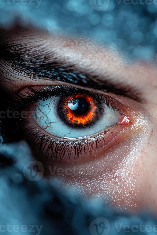 Intense fiery eye with intricate details and striking color photo