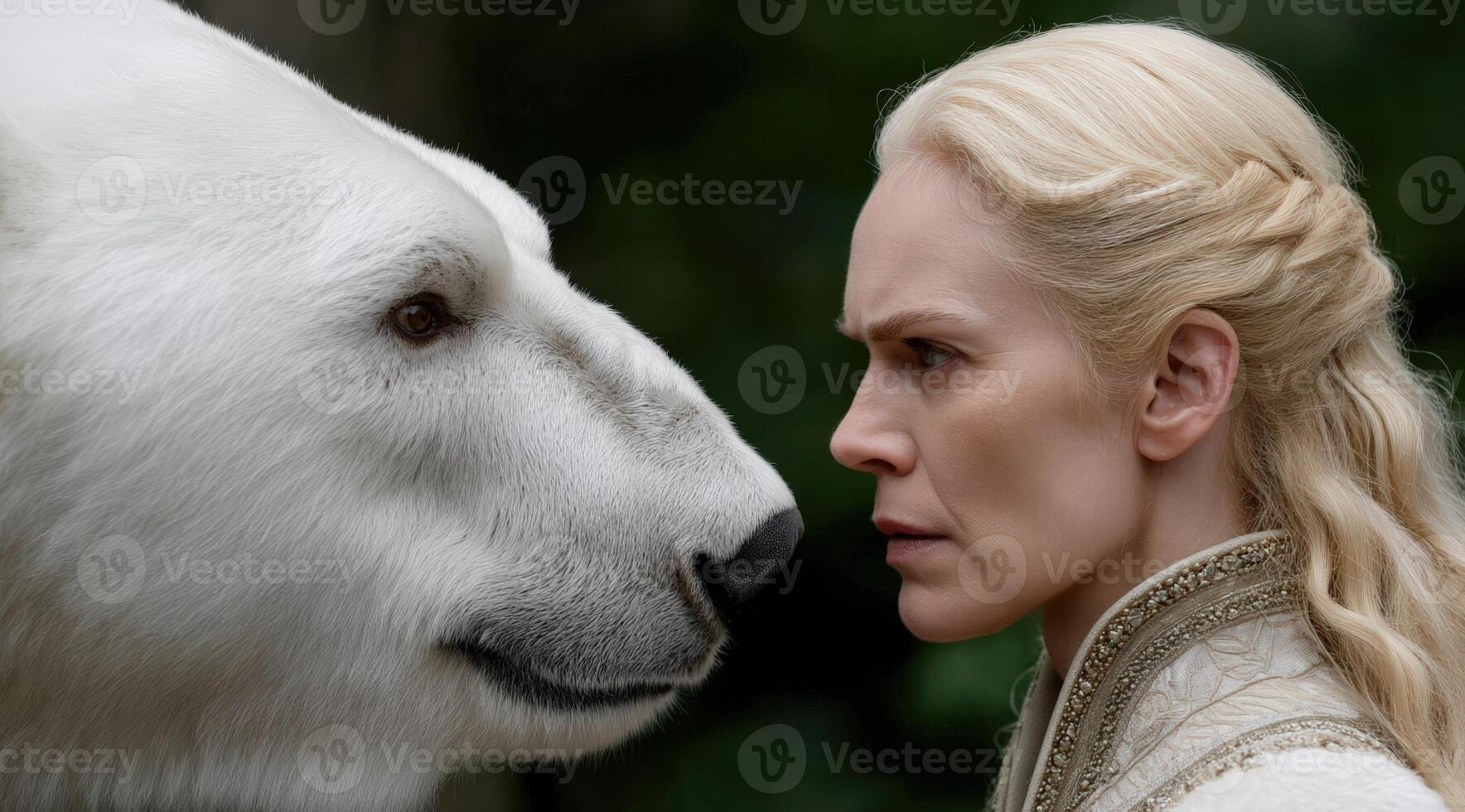 Intense face off between a woman and a polar bear photo