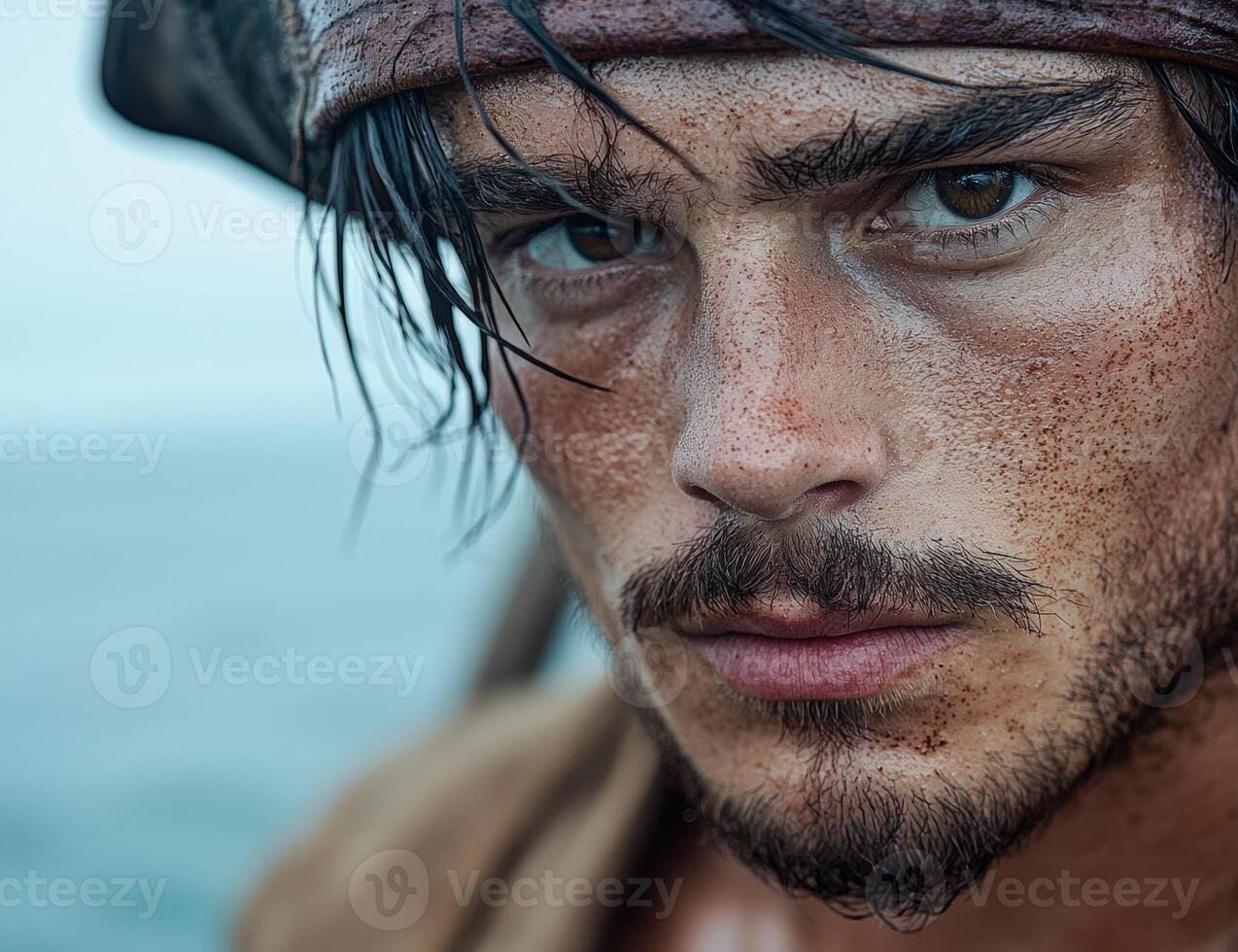 Intense portrait of a rugged pirate with weathered skin photo