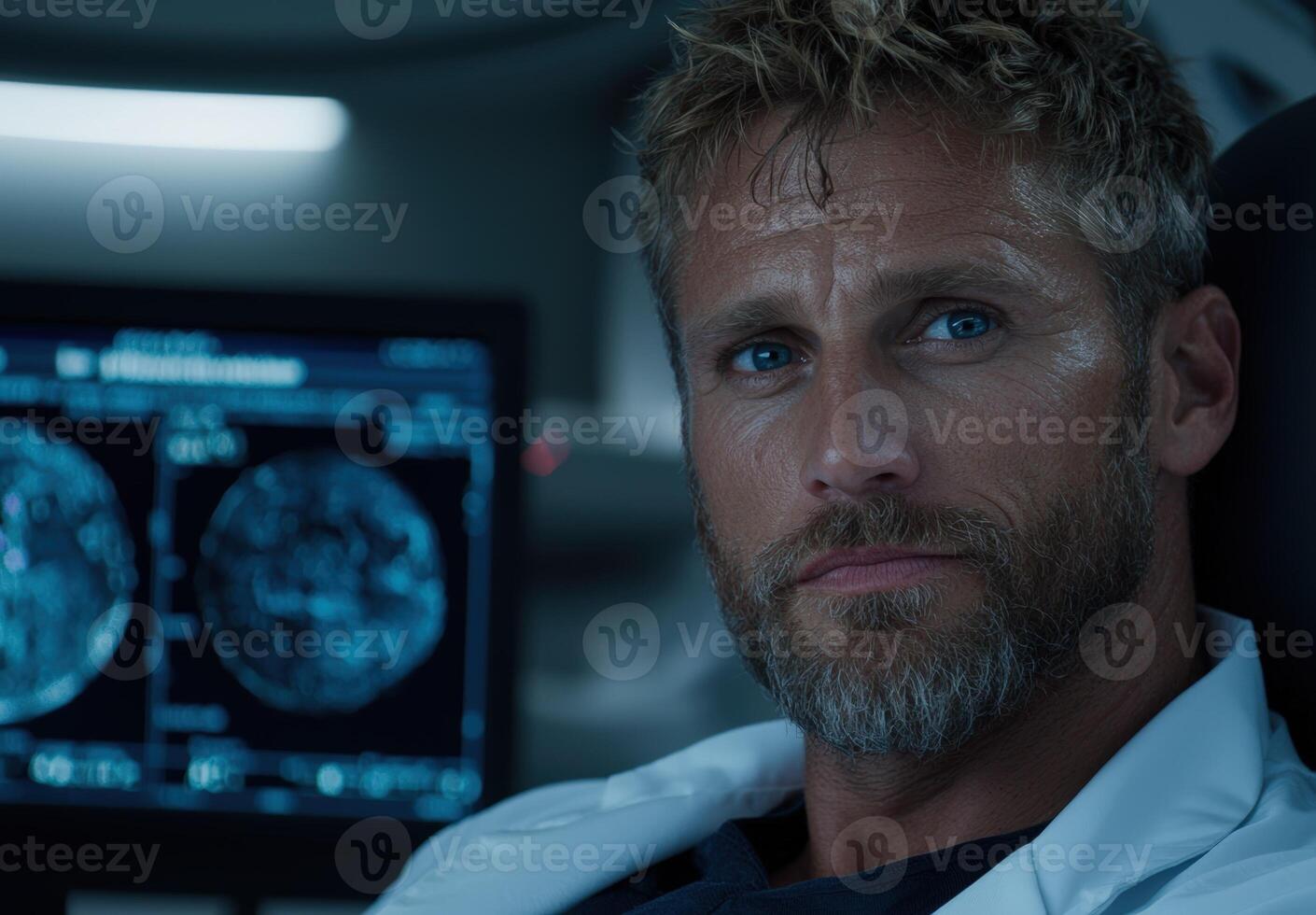 Pensive scientist with beard examines medical scan data photo