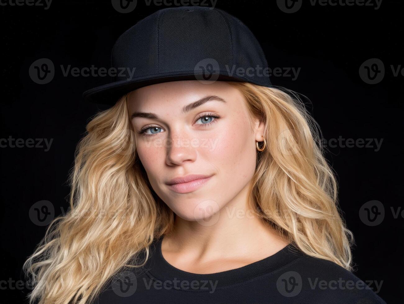 Attractive blonde woman in black cap looking at camera photo