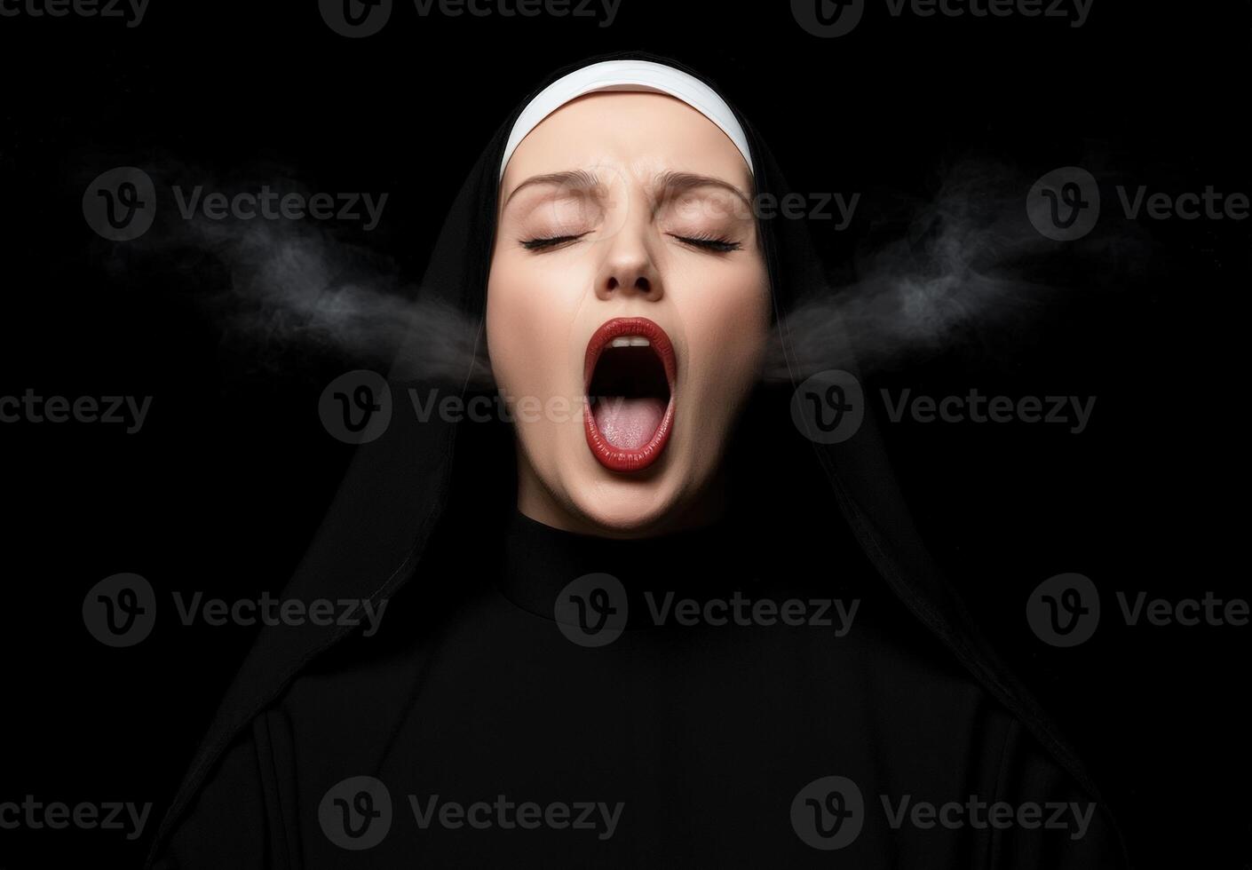 Nun exhaling smoke with an open mouth and closed eyes photo