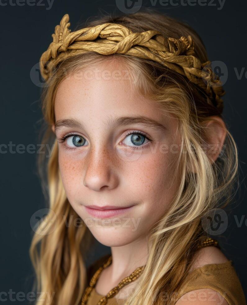 Intimate portrait of a young girl with golden crown photo
