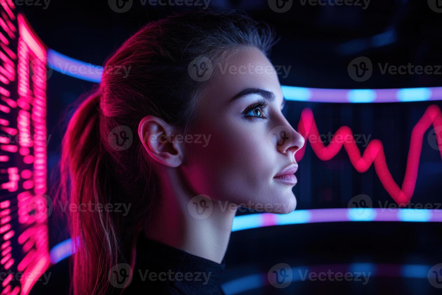 Contemplative woman gazes at a vibrant, abstract data display photo