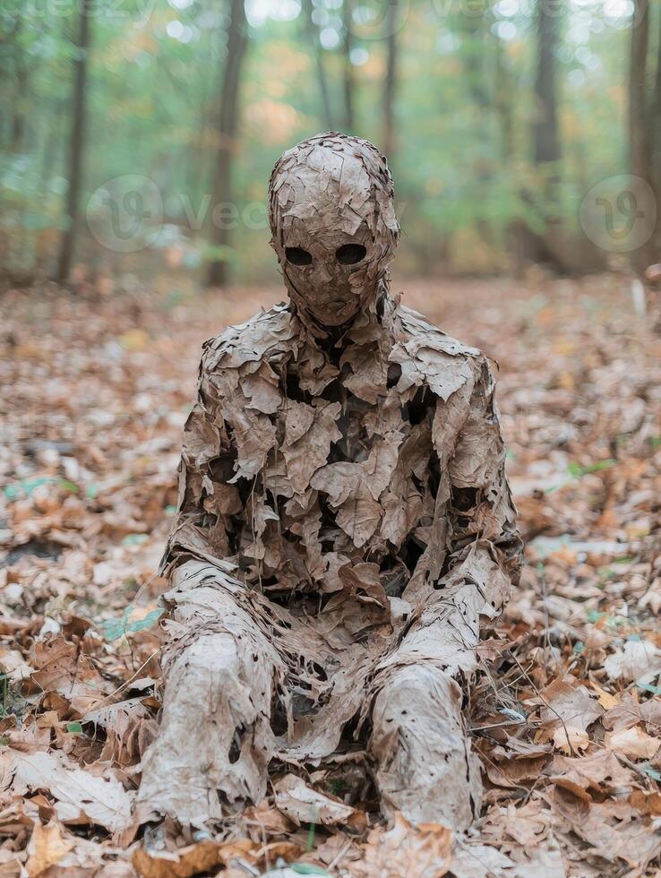 Eerie figure covered in leaves sits in the forest photo