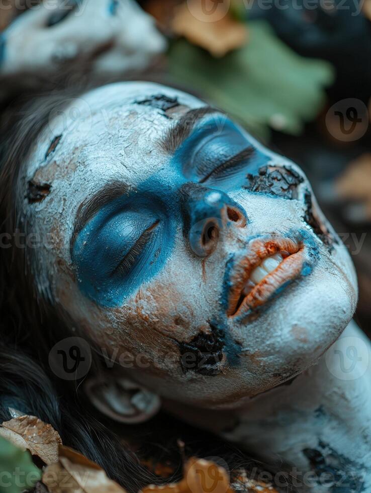 Eerie zombie woman with blue face paint and dead skin photo
