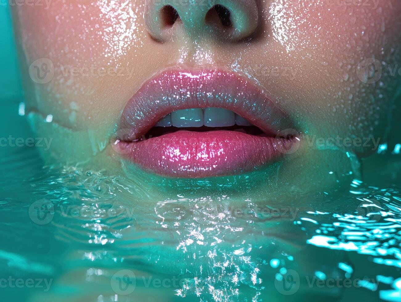 Womans glossy lips partially submerged in teal water photo
