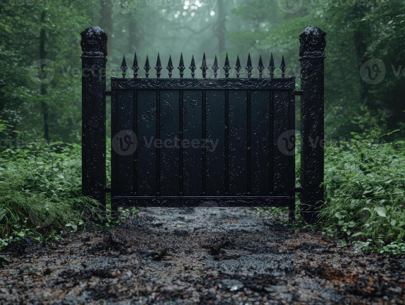 Eerie black gate stands in a misty forest photo