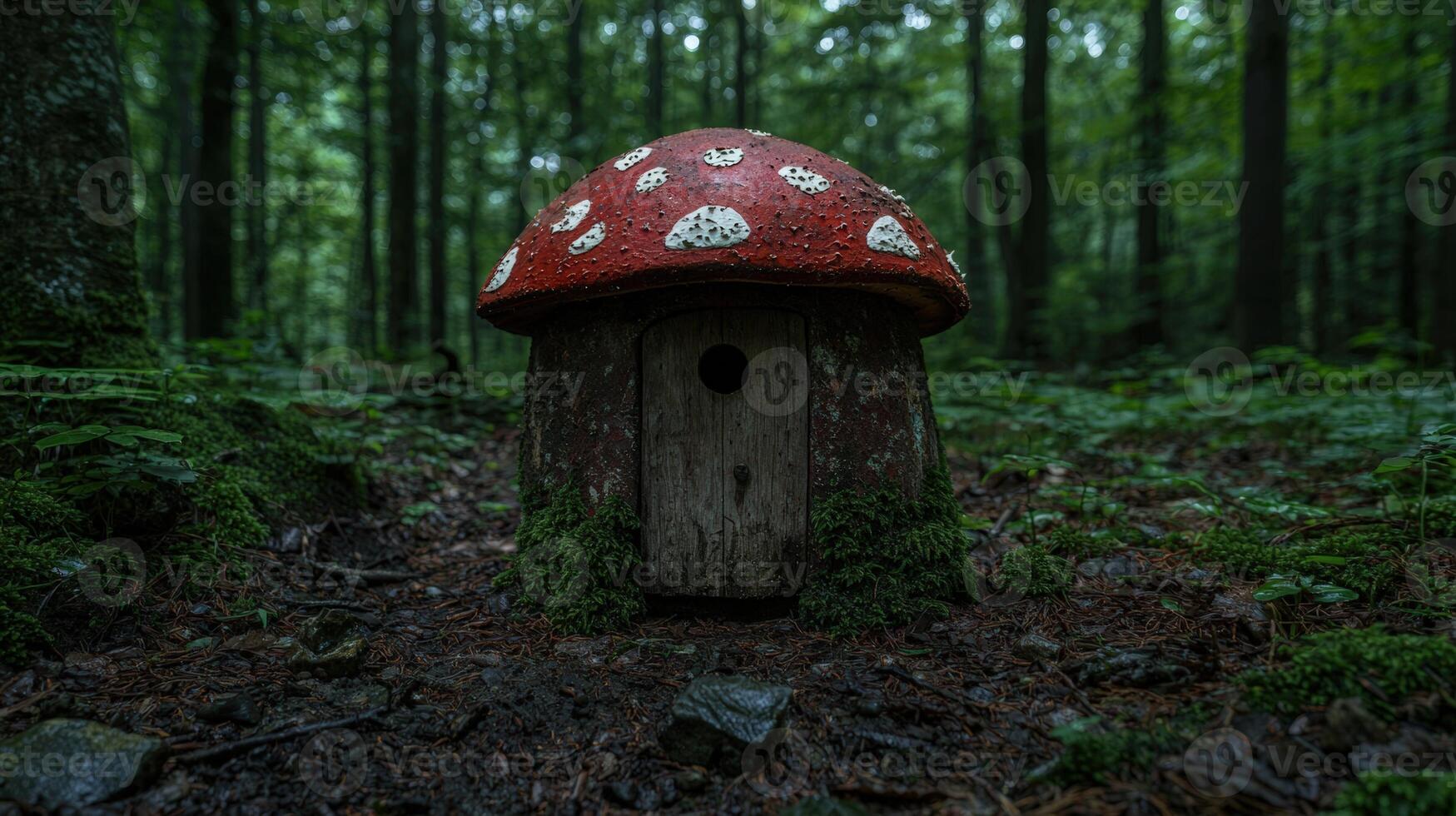 Enchanting mushroom house nestled in a lush, green forest photo