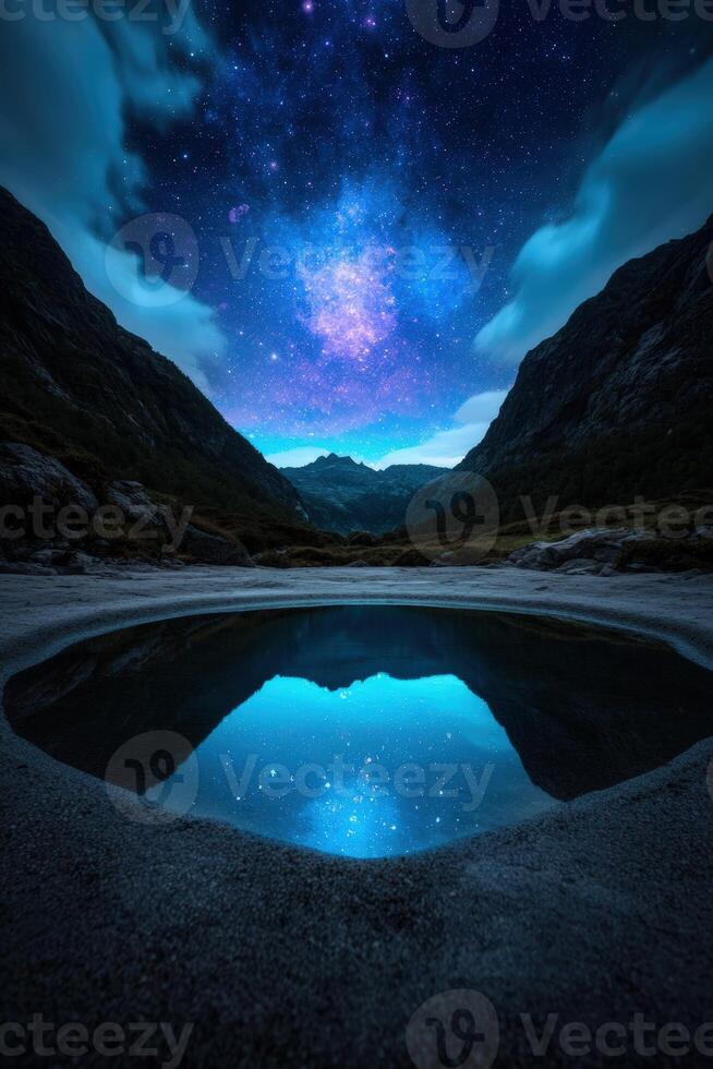 Milky Way reflects in a serene mountain pool photo