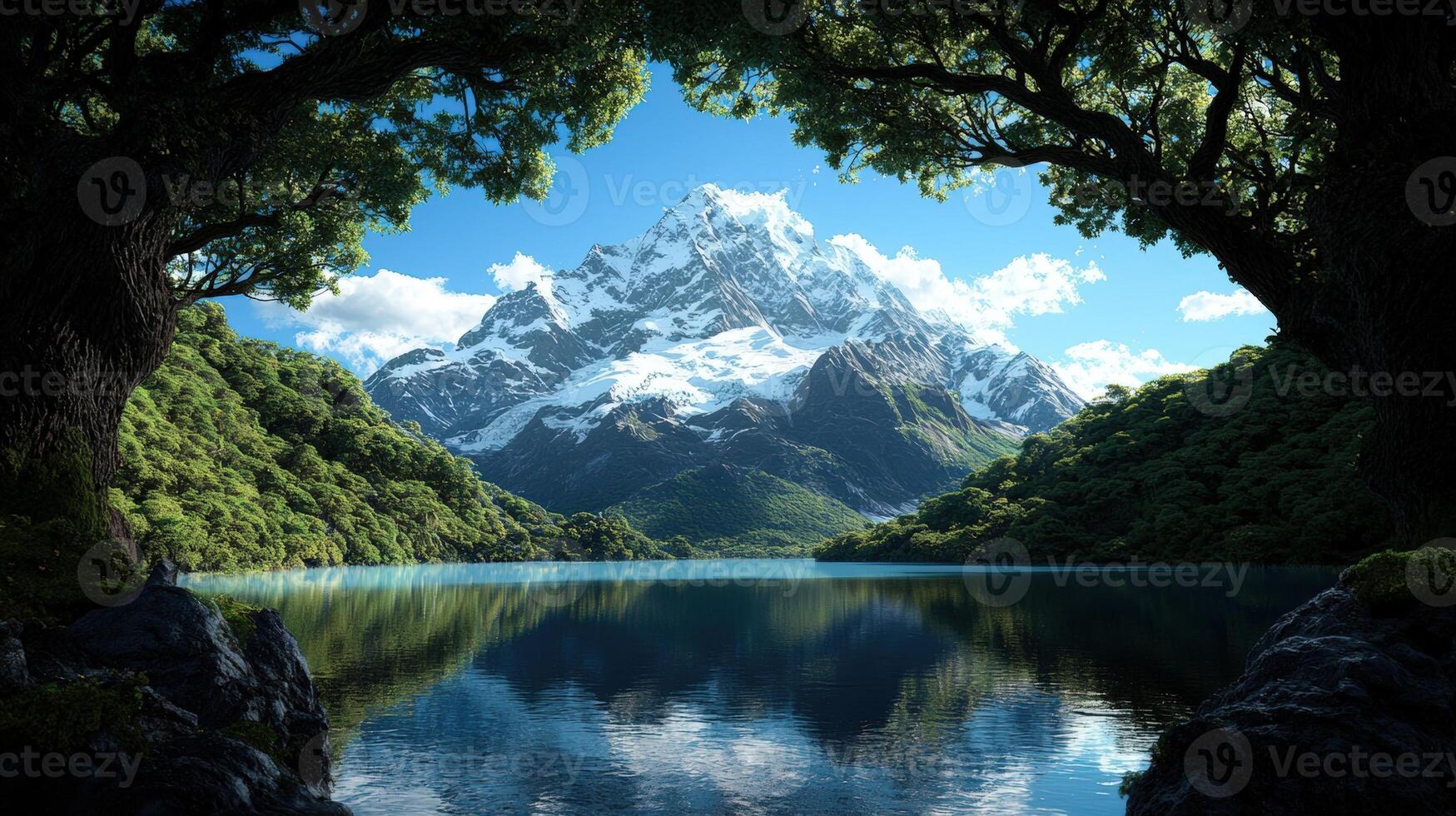 Snowy mountain peak reflected in a tranquil lake photo