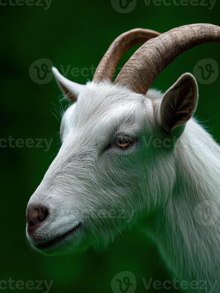 Elegant white goat with curved horns in natural light photo