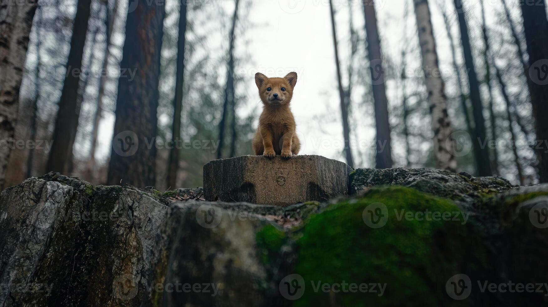 Adorable dingo puppy sits alert on a mossy tree stump photo