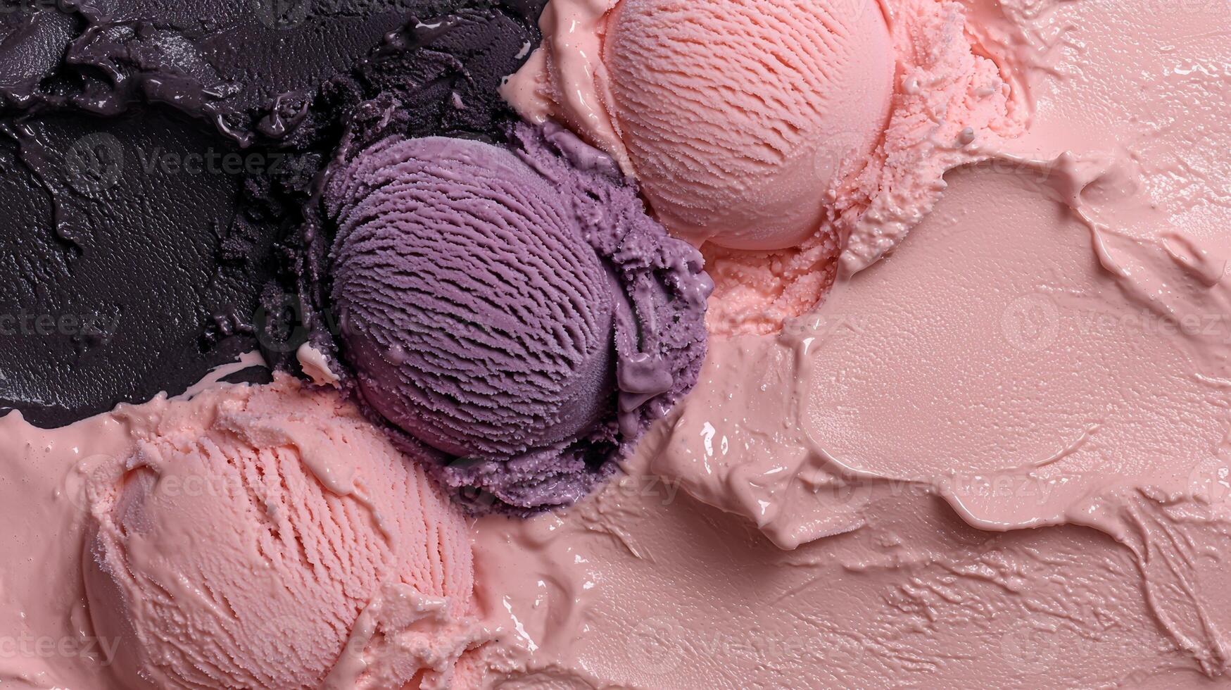Delicious scoops of assorted ice cream flavors, overhead view photo