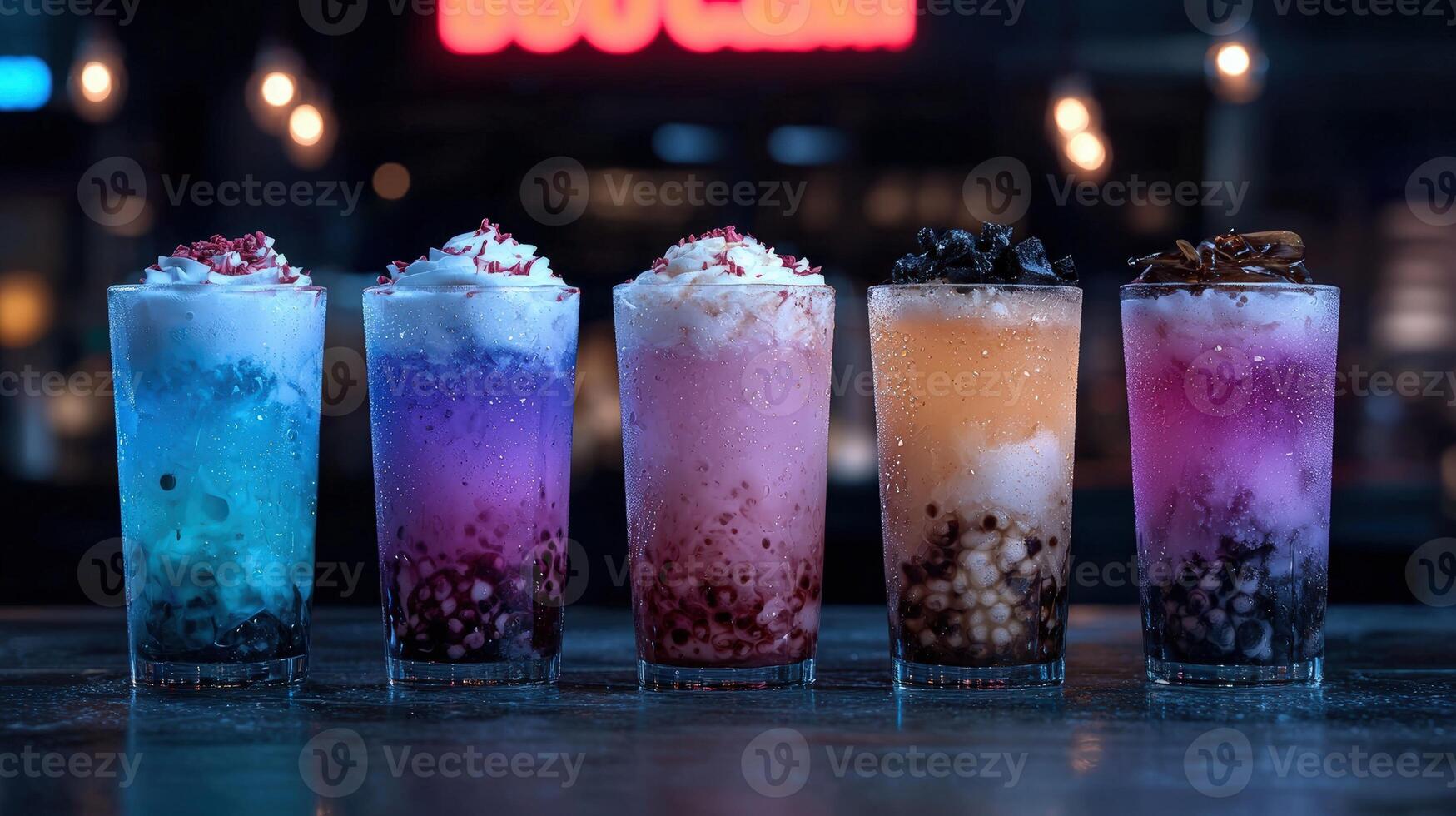 Vibrant boba tea drinks with colorful toppings photo