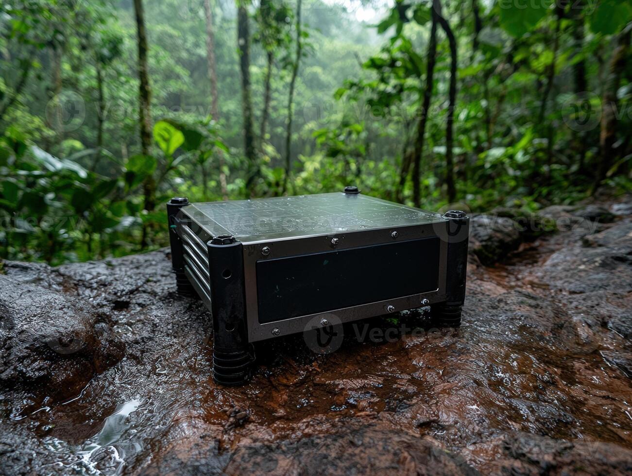 Electronic device sits on a rock in the rainforest photo