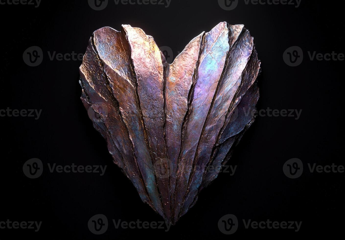 Iridescent heart sculpture with textured, metallic, and colorful surface photo