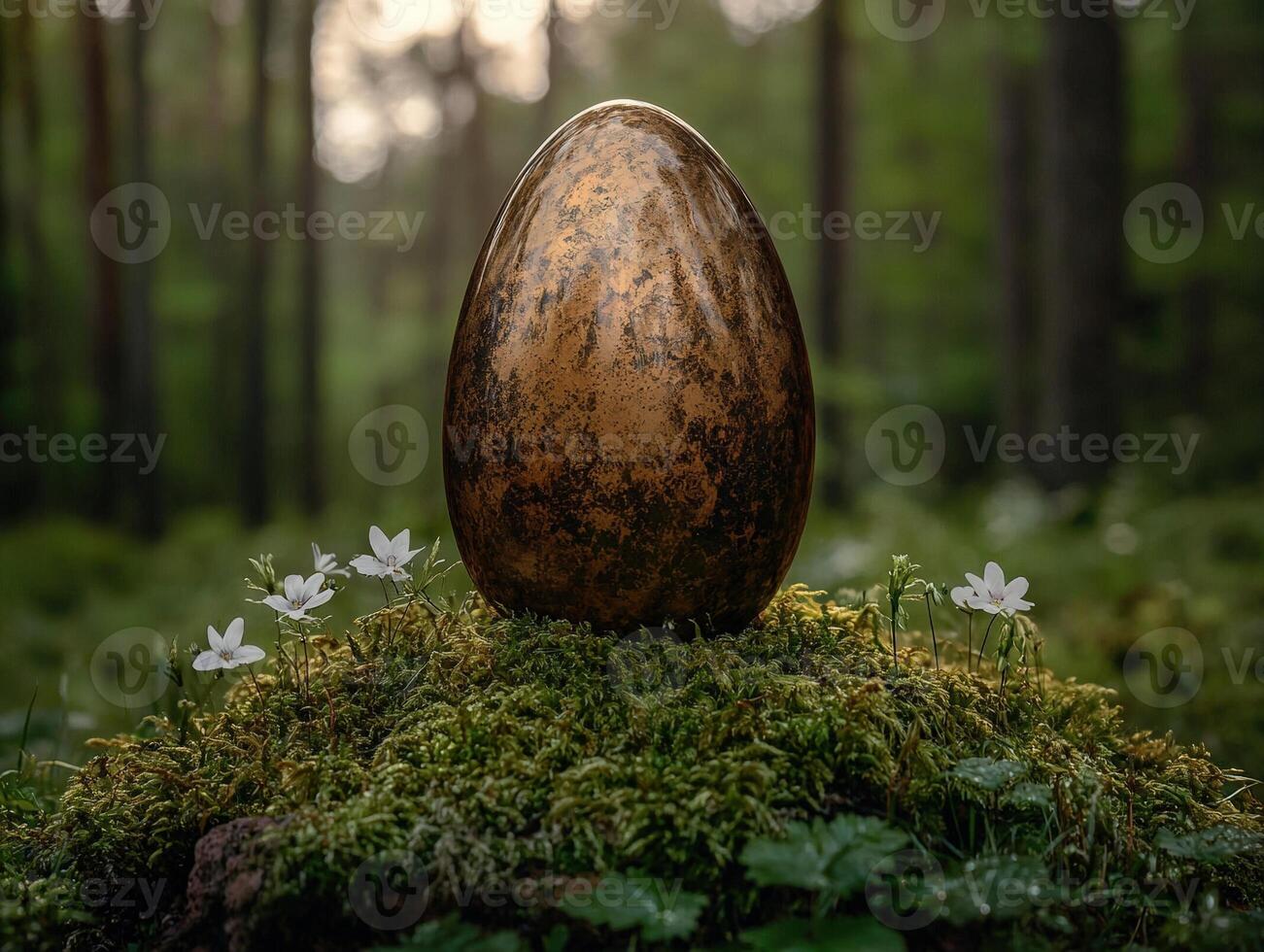 Mystical golden egg rests on moss in a forest photo