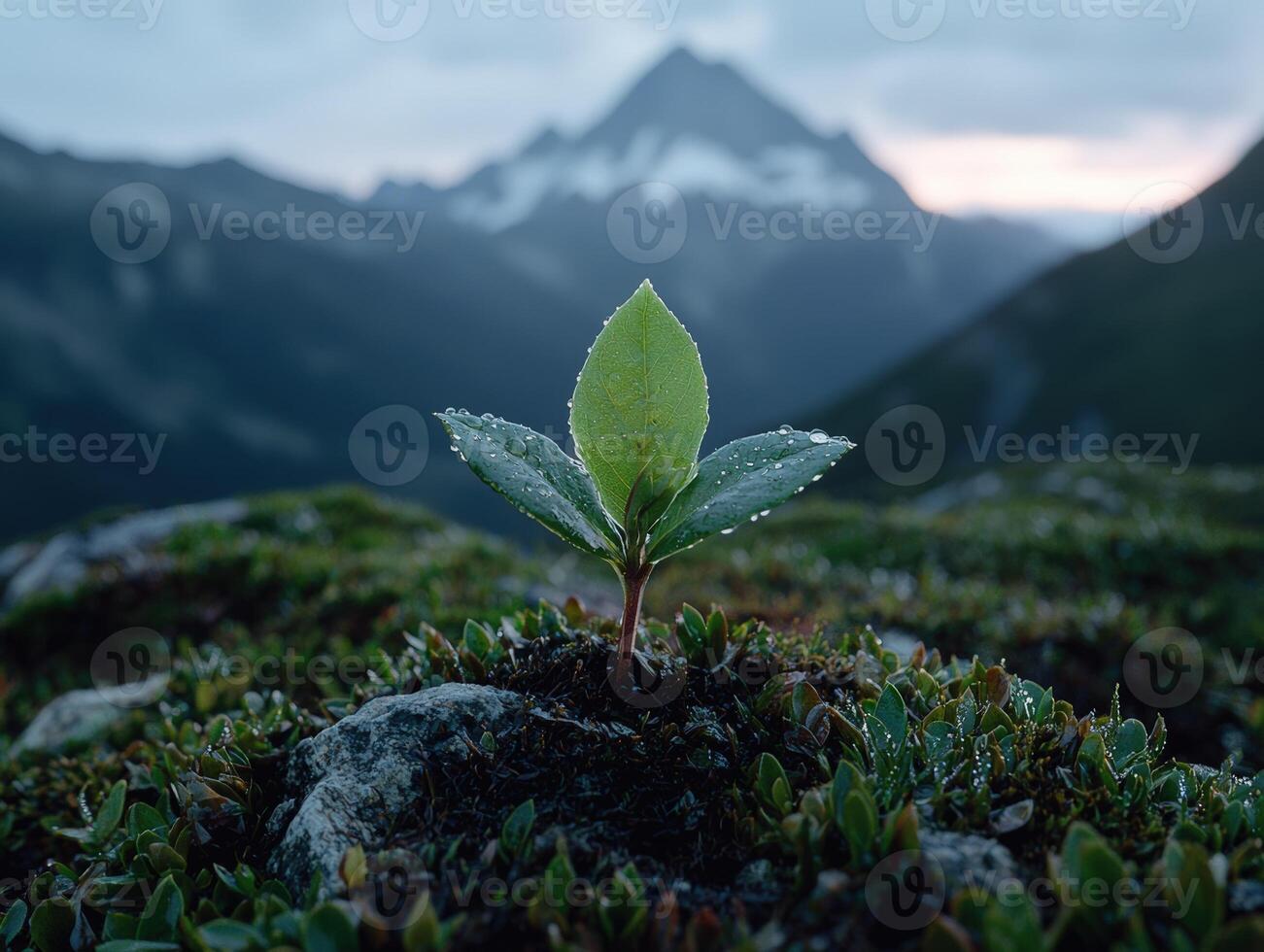 Resilient sprout growing in a rugged mountain landscape photo