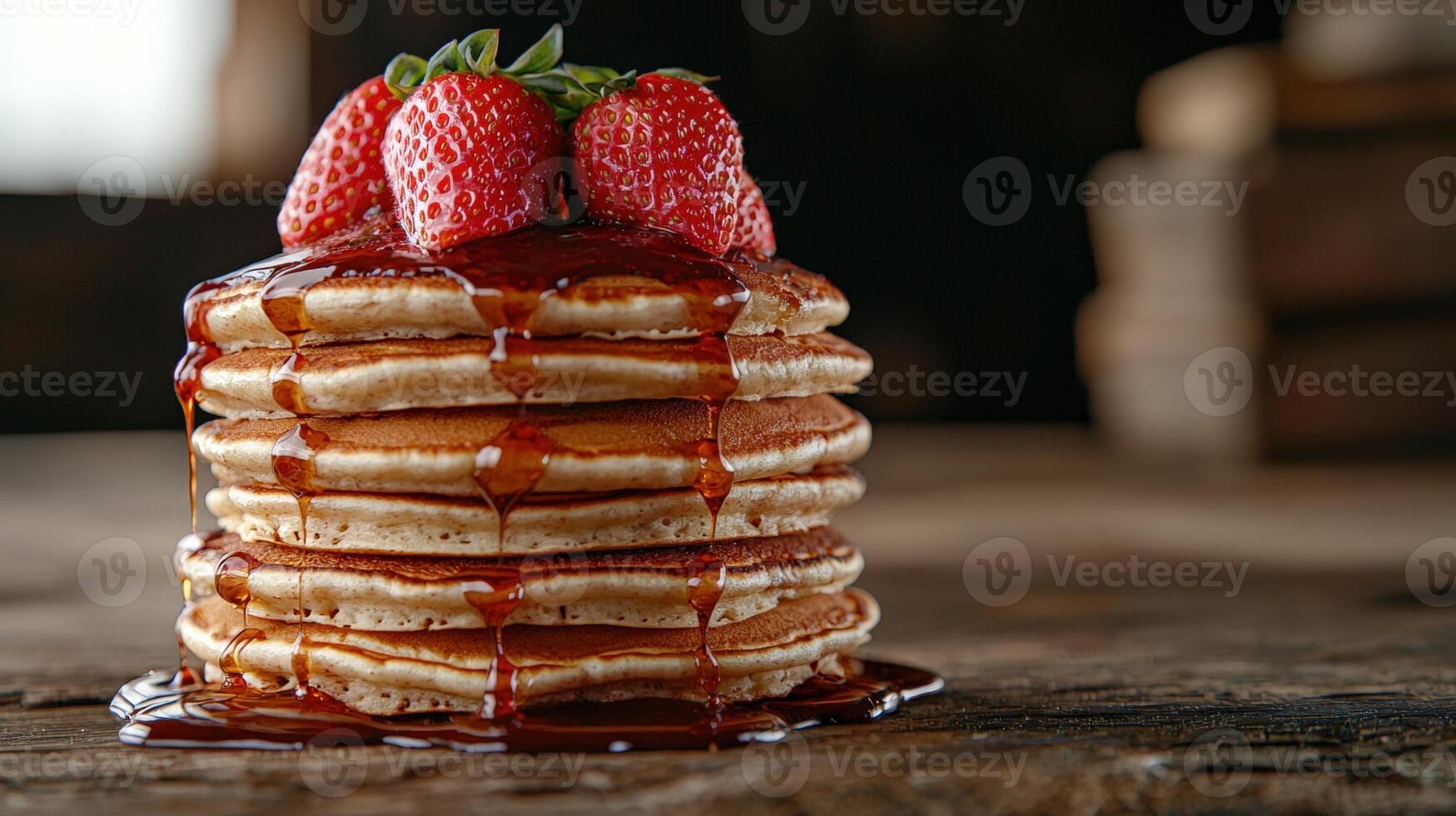 Stack of golden pancakes with fresh strawberries and syrup photo