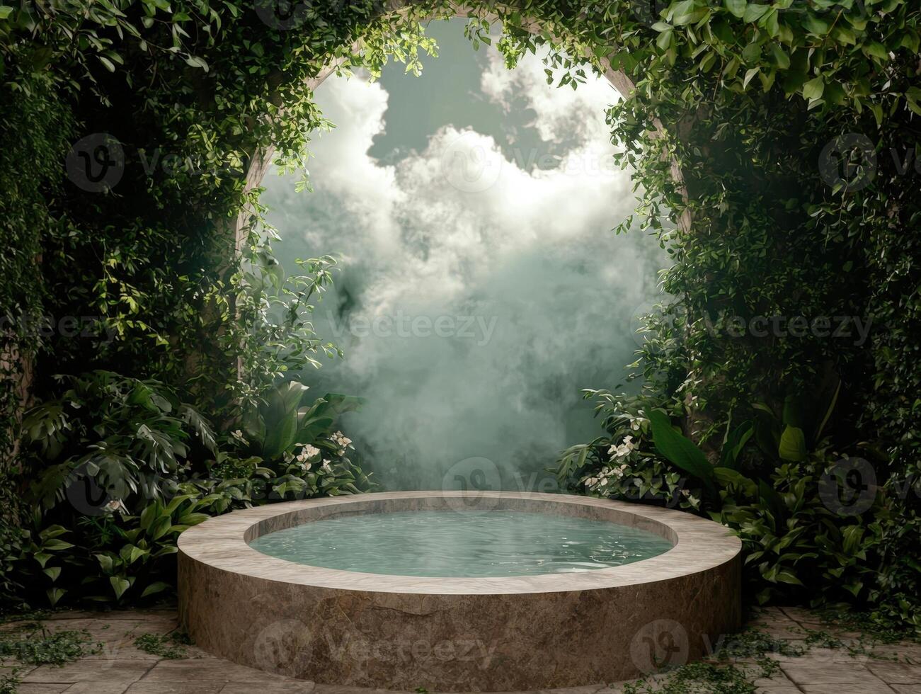 Serene stone hot tub surrounded by lush green foliage photo
