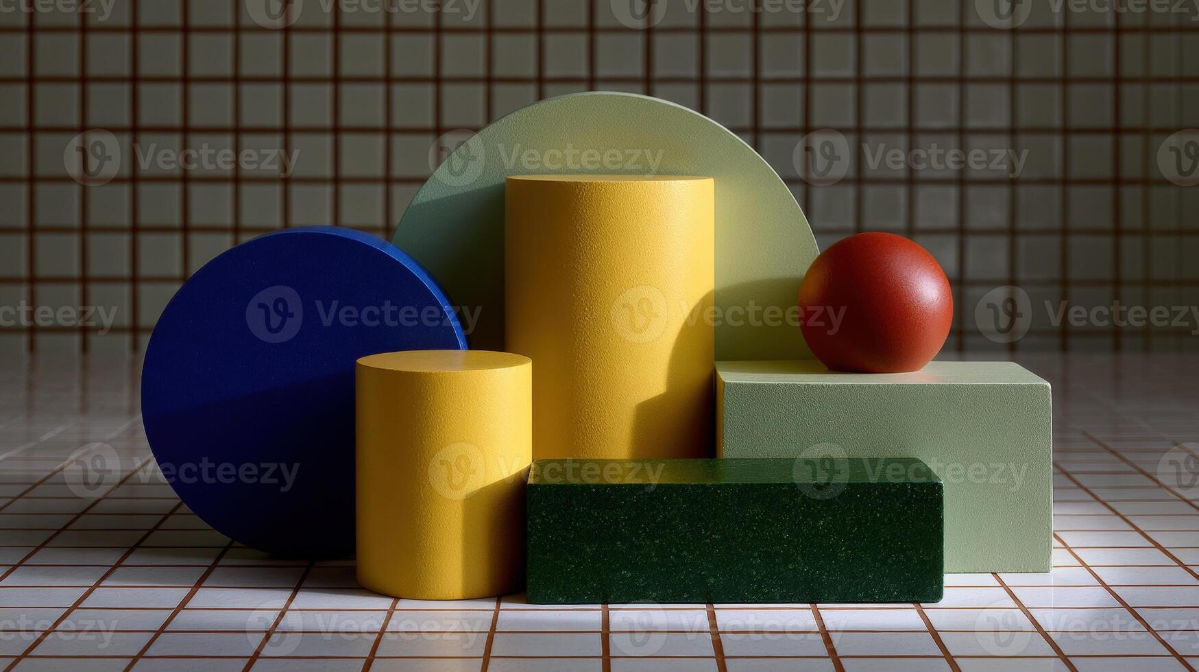 Geometric shapes arranged on a tiled surface, studio shot photo