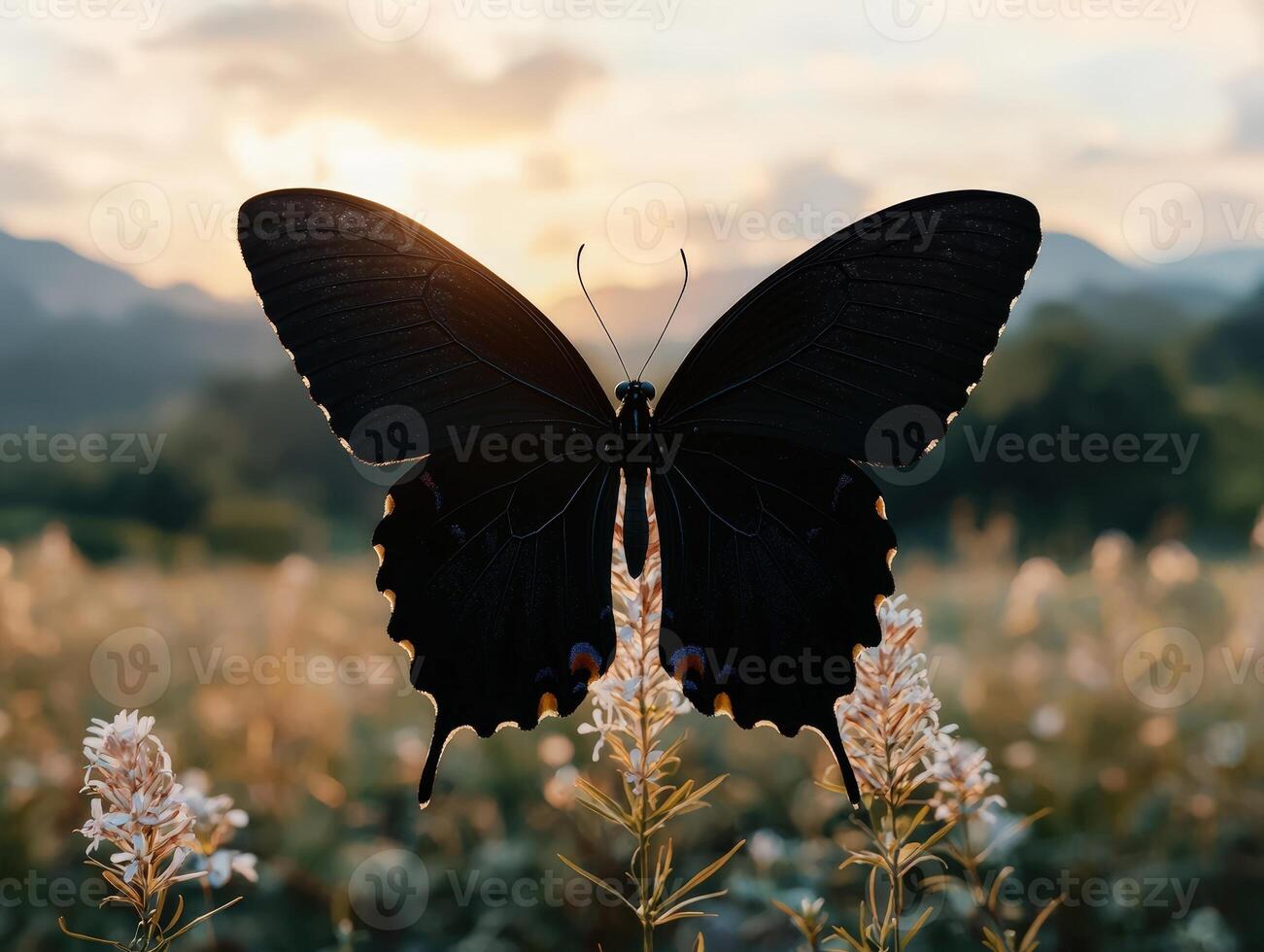 Majestic black swallowtail butterfly rests on wildflower in meadow photo