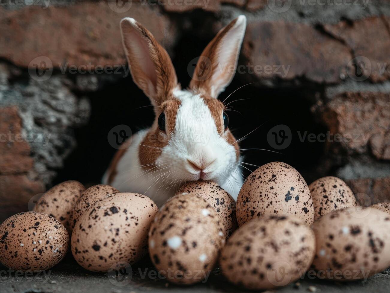 Adorable bunny with speckled easter eggs in rustic setting photo