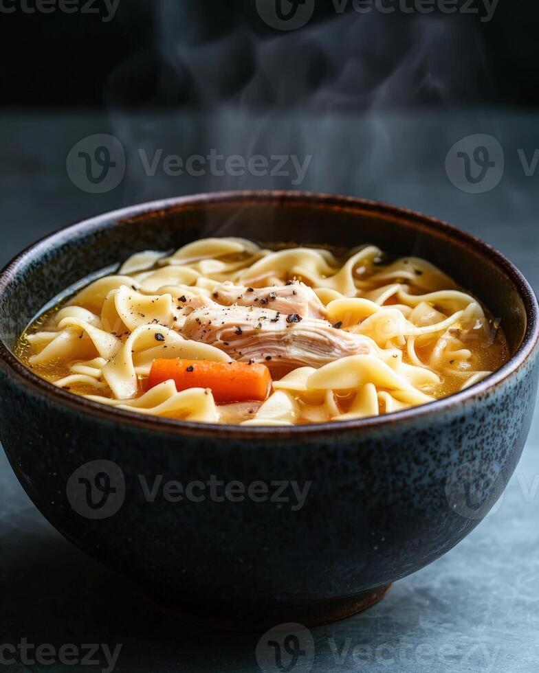 Comforting bowl of steaming chicken noodle soup photo
