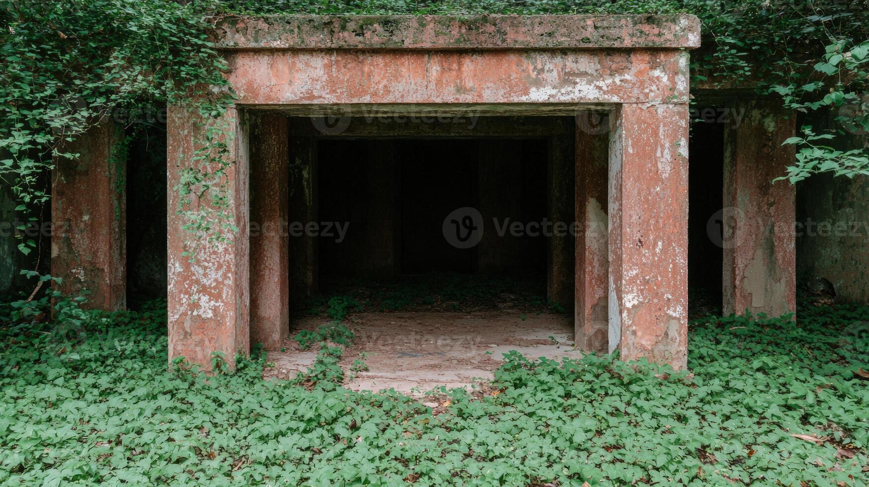 Overgrown concrete structure with dark entrance and green foliage photo